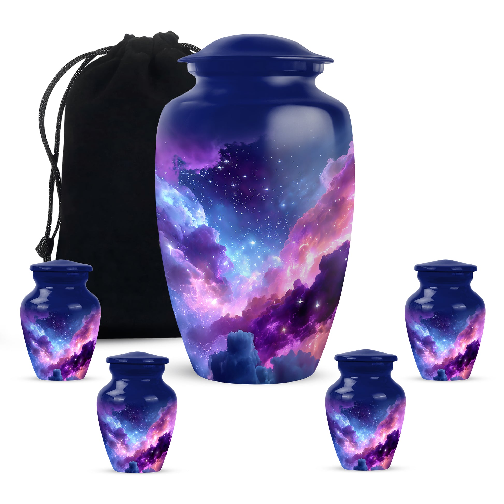 Cobalt Blue Galaxy Cremation Urn top-down view of secure threaded lid - traditional galaxy engraving with hand-polished finish - memorial set with one large and four small urns
