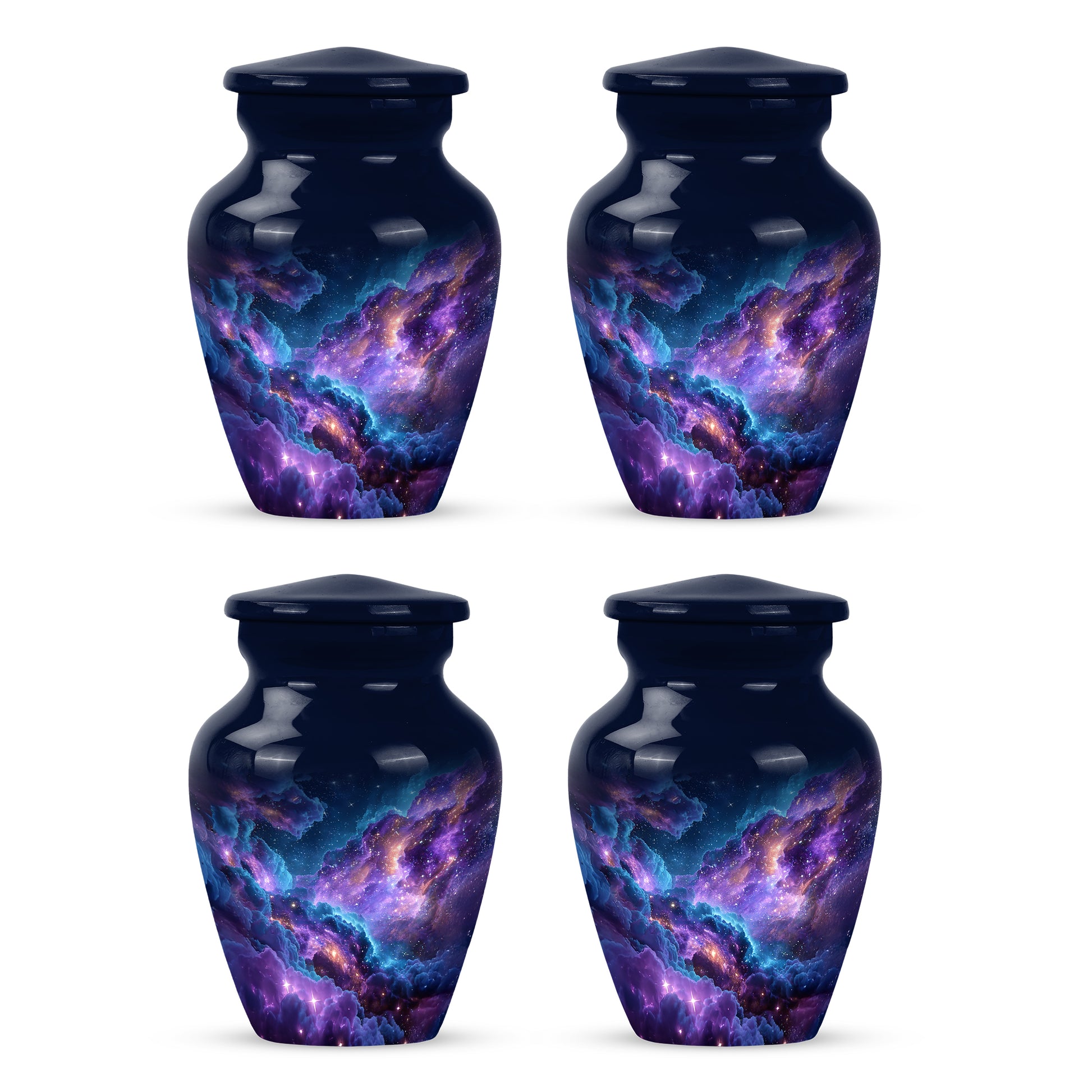 Icy Blue Galaxy Cremation Urn side profile showing urn shape - classic sculpted galaxy pattern on smooth aluminum - 10 inch aluminum urn for cremated remains