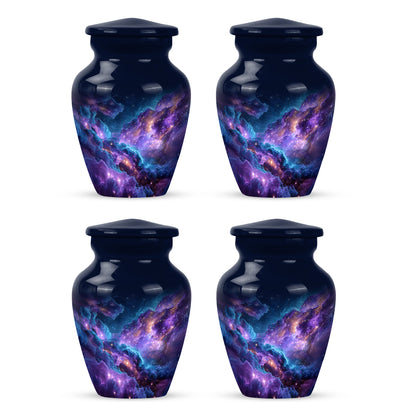 Icy Blue Galaxy Cremation Urn side profile showing urn shape - classic sculpted galaxy pattern on smooth aluminum - 10 inch aluminum urn for cremated remains