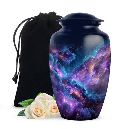 Vivid Blue Galaxy Cremation Urn angled view of lid and engraved motif - elegant classic galaxy relief with fine detailing - full-size 10 inch 200 cubic inch adult cremation urn