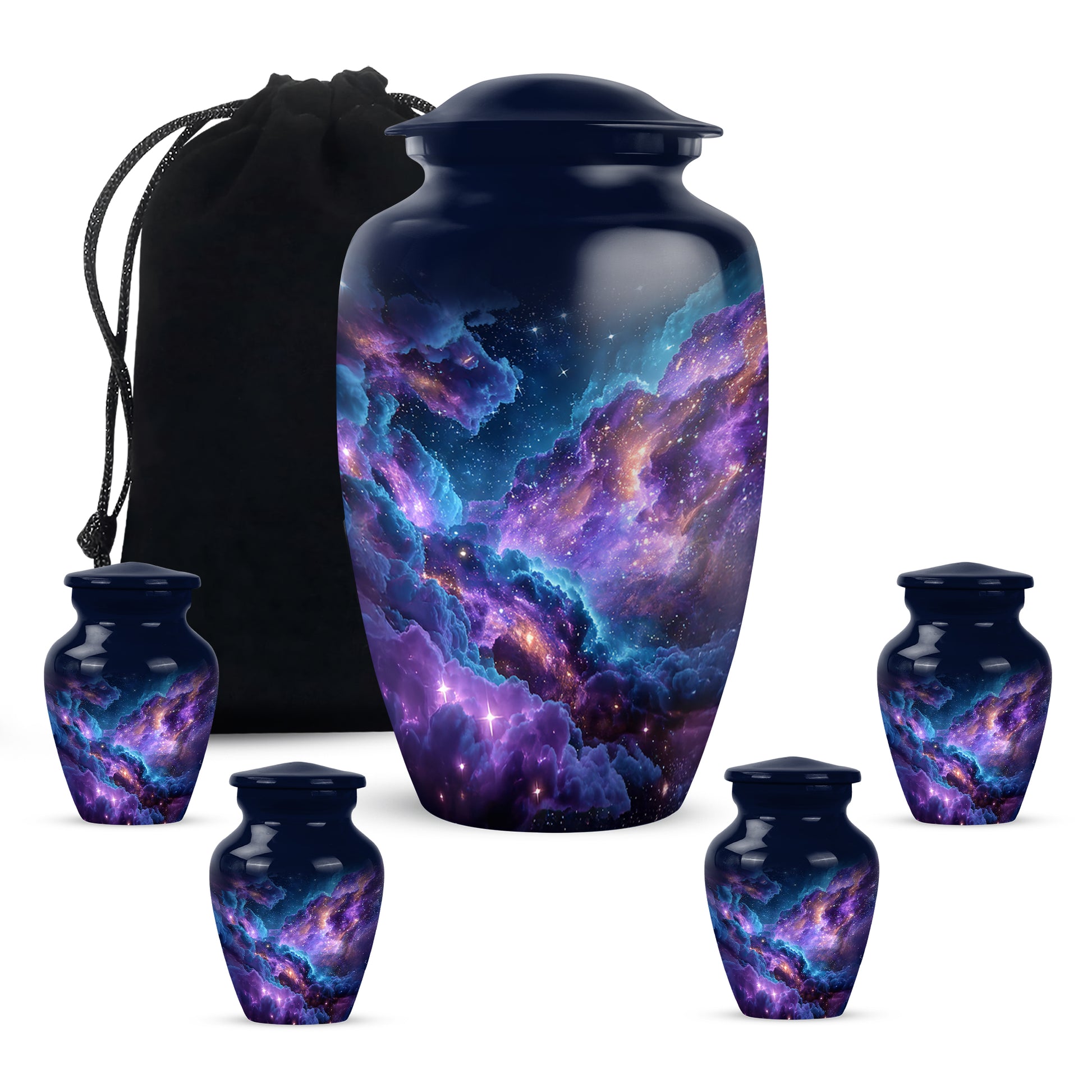 Sapphire Blue Galaxy Cremation Urn top-down view of secure threaded lid - traditional galaxy engraving with hand-polished finish - memorial set with one large and four small urns