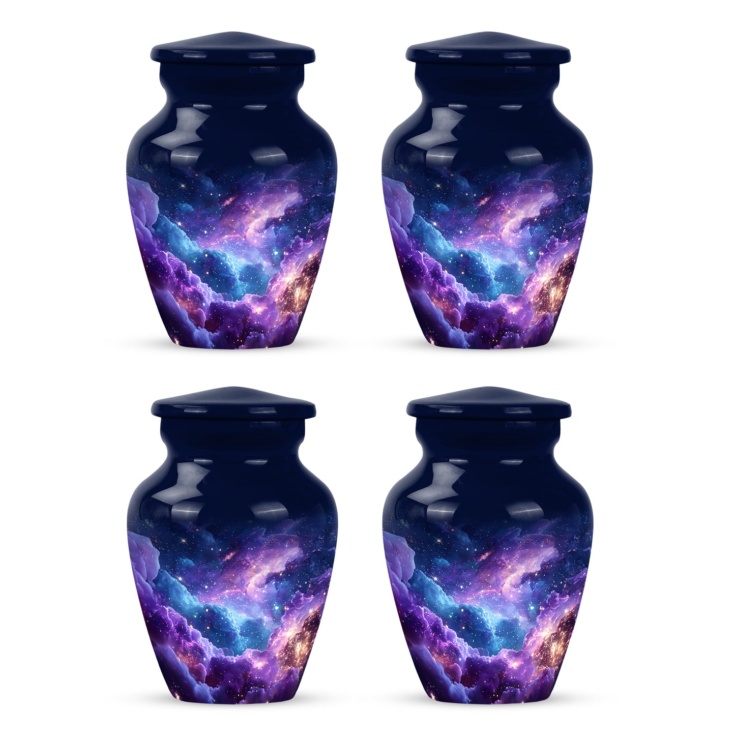 Celestial Blue Galaxy Cremation Urn side profile showing urn shape - timeless galaxy motif etched into premium metal - 10 inch aluminum urn for cremated remains