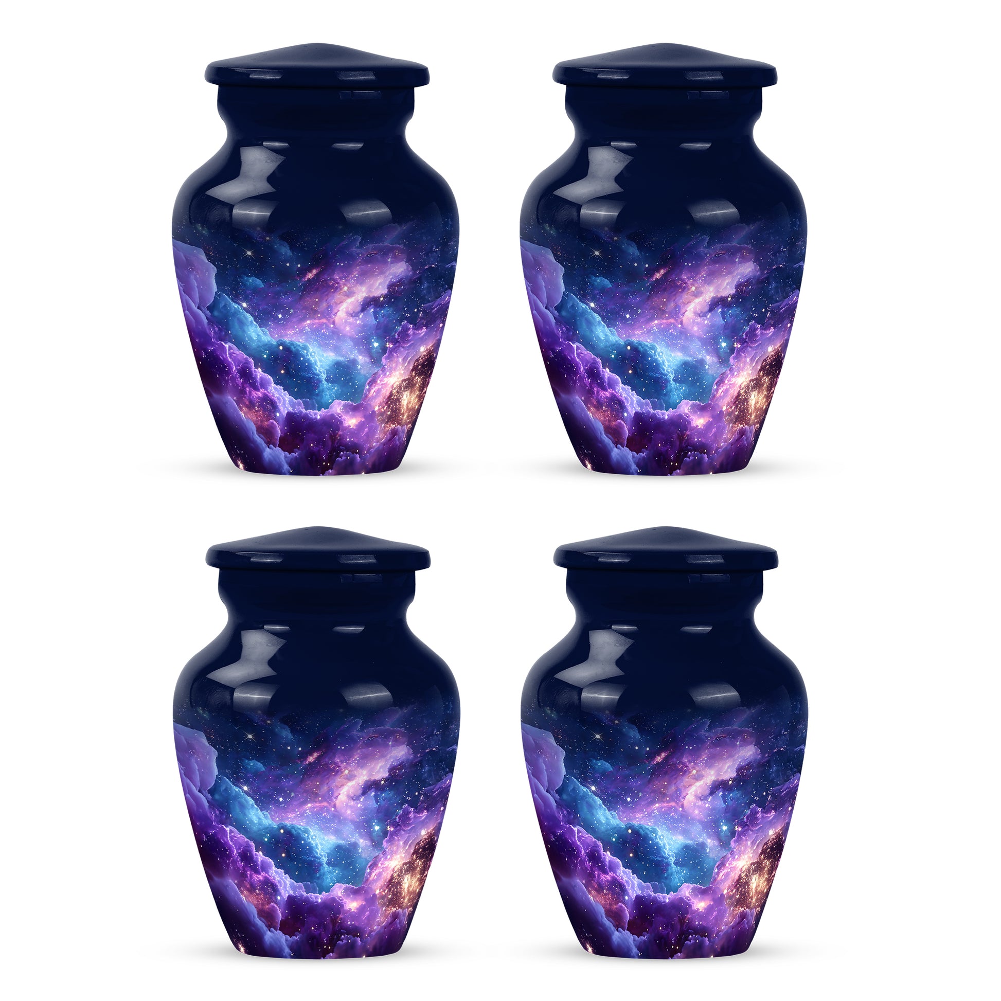 Celestial Blue Galaxy Cremation Urn side profile showing urn shape - timeless galaxy motif etched into premium metal - 10 inch aluminum urn for cremated remains