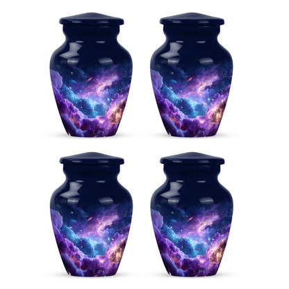 Celestial Blue Galaxy Cremation Urn side profile showing urn shape - timeless galaxy motif etched into premium metal - 10 inch aluminum urn for cremated remains