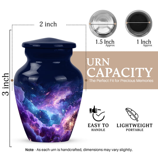 Icy Blue Galaxy Cremation Urn close-up of engraving and surface detail - classic sculpted galaxy pattern on smooth aluminum - mini keepsake memorial for portion of cremation ashes