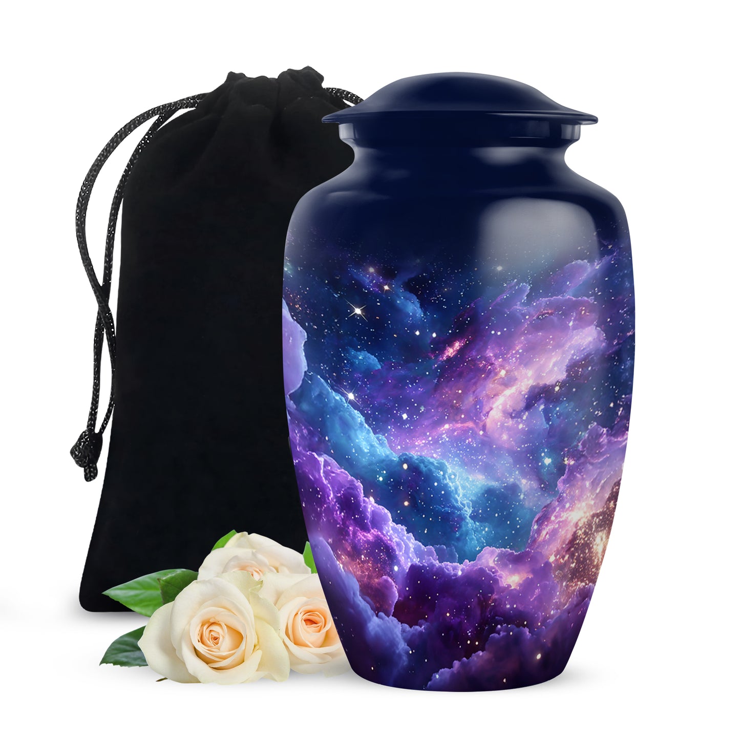 Cornflower Blue Galaxy Cremation Urn angled view of lid and engraved motif - elegant classic galaxy relief with fine detailing - full-size 10 inch 200 cubic inch adult cremation urn