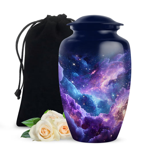 Cornflower Blue Galaxy Cremation Urn angled view of lid and engraved motif - elegant classic galaxy relief with fine detailing - full-size 10 inch 200 cubic inch adult cremation urn