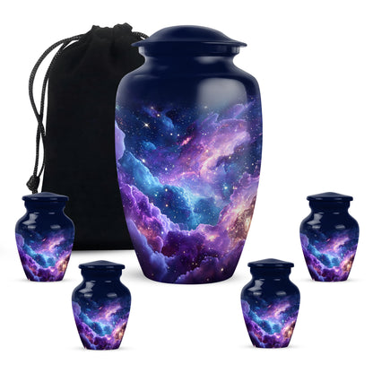 Dusty Blue Galaxy Cremation Urn top-down view of secure threaded lid - classic sculpted galaxy pattern on smooth aluminum - memorial set with one large and four small urns