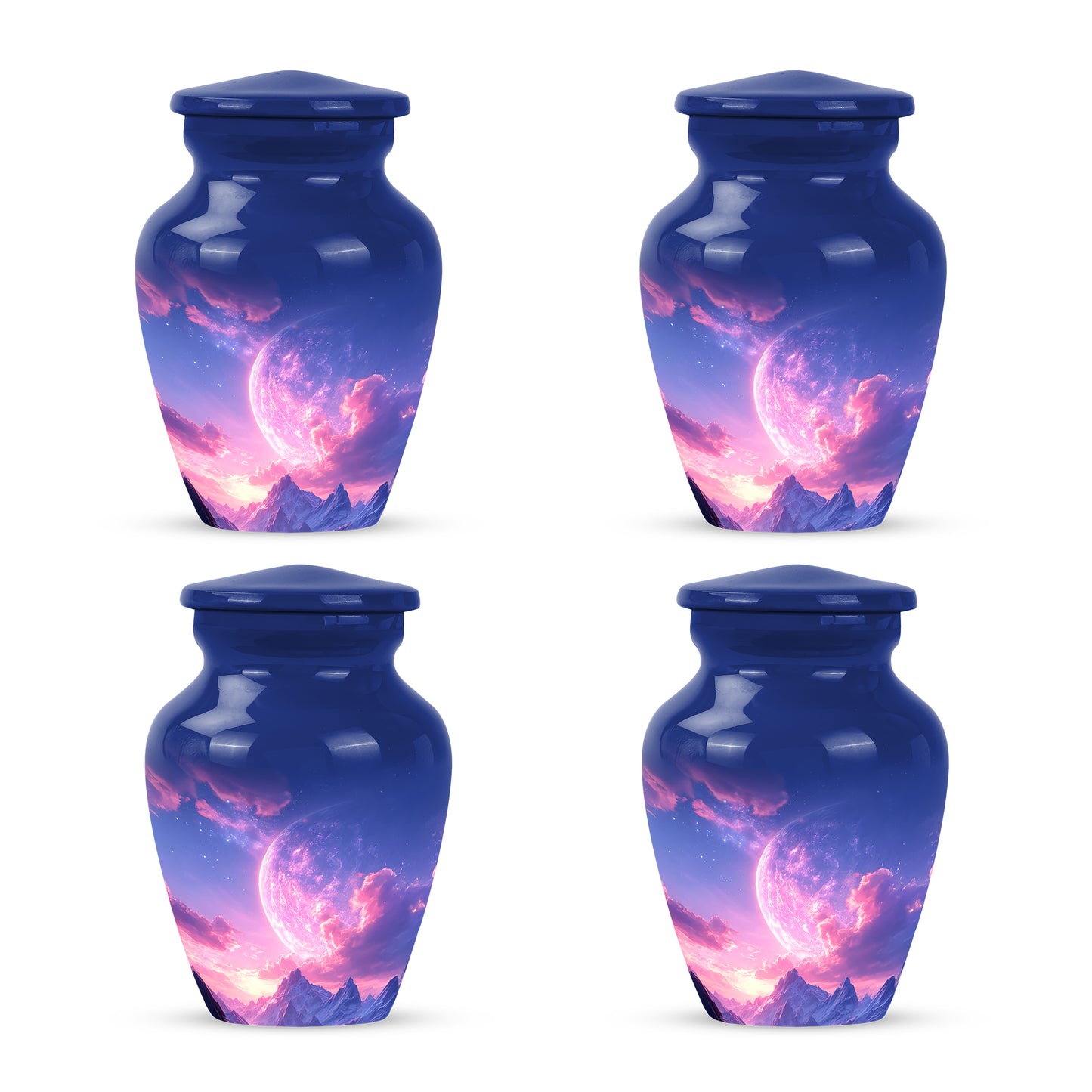 Celestial Blue Galaxy Cremation Urn side profile showing urn shape - classic sculpted galaxy pattern on smooth aluminum - 10 inch aluminum urn for cremated remains
