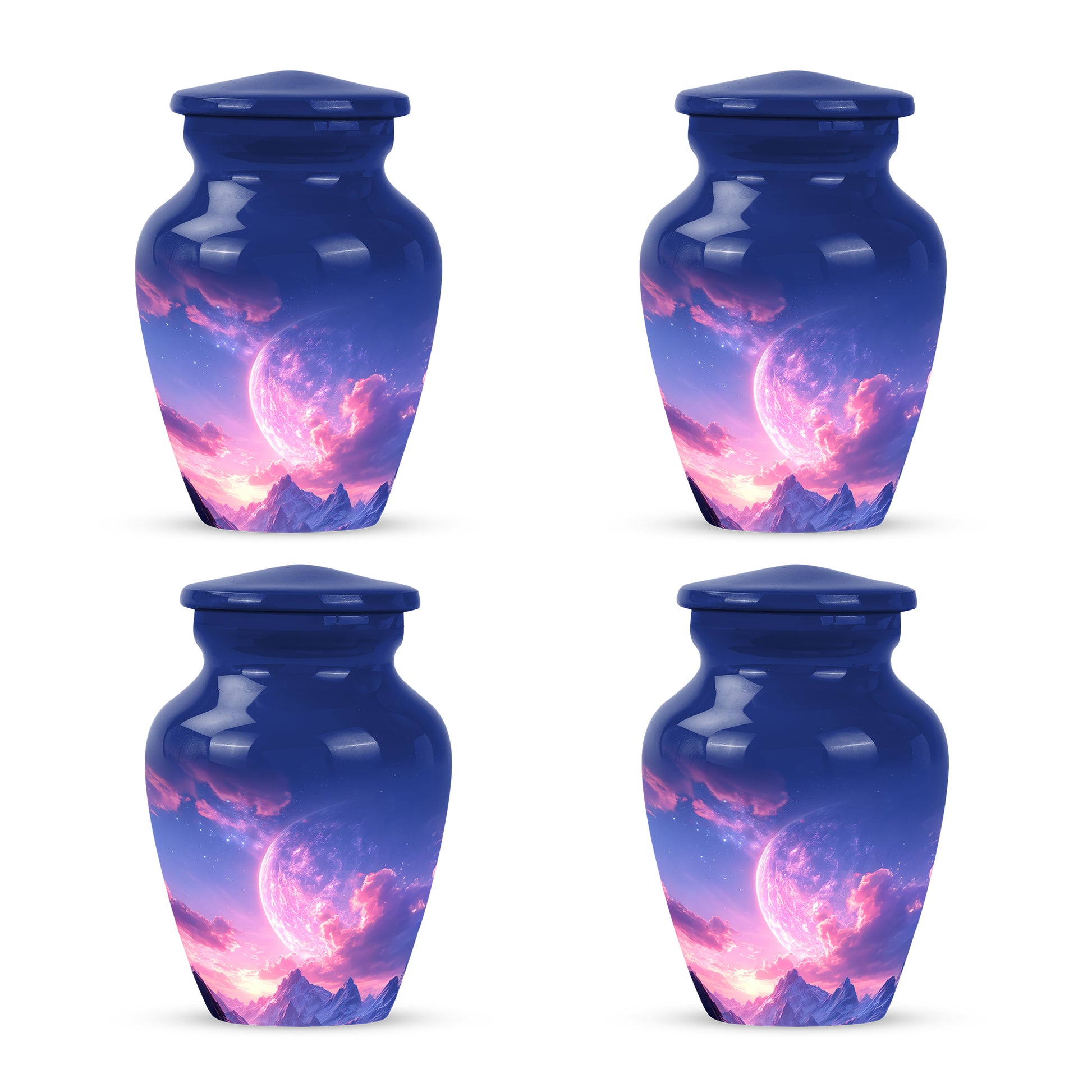 Celestial Blue Galaxy Cremation Urn side profile showing urn shape - classic sculpted galaxy pattern on smooth aluminum - 10 inch aluminum urn for cremated remains