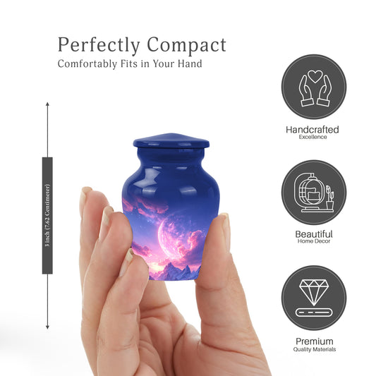 Cornflower Blue Galaxy Cremation Urn close-up of engraving and surface detail - elegant classic galaxy relief with fine detailing - mini keepsake memorial for portion of cremation ashes