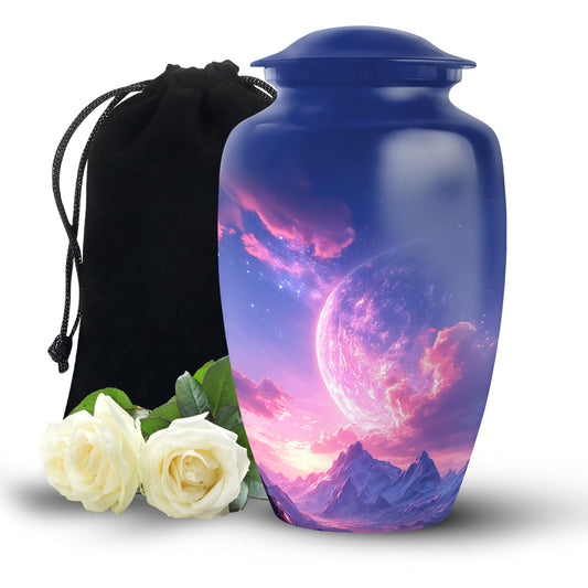 Misty Blue Galaxy Cremation Urn angled view of lid and engraved motif - timeless galaxy motif etched into premium metal - full-size 10 inch 200 cubic inch adult cremation urn