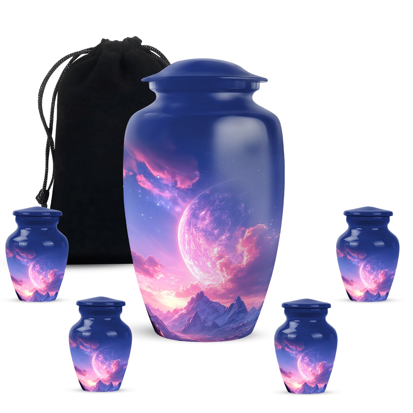 Dusty Blue Galaxy Cremation Urn top-down view of secure threaded lid - timeless galaxy motif etched into premium metal - memorial set with one large and four small urns