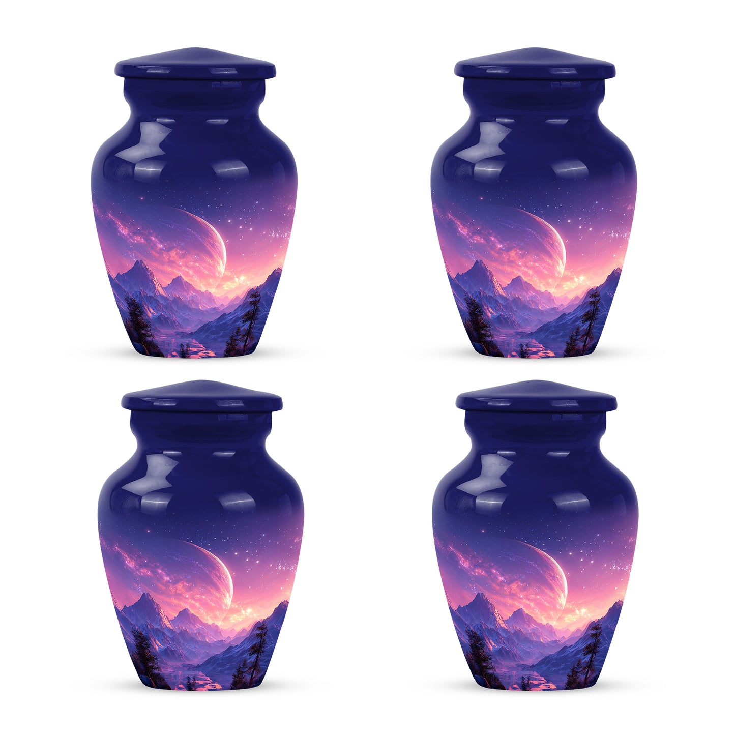 Sky Blue Galaxy Cremation Urn side profile showing urn shape - classic sculpted galaxy pattern on smooth aluminum - 10 inch aluminum urn for cremated remains