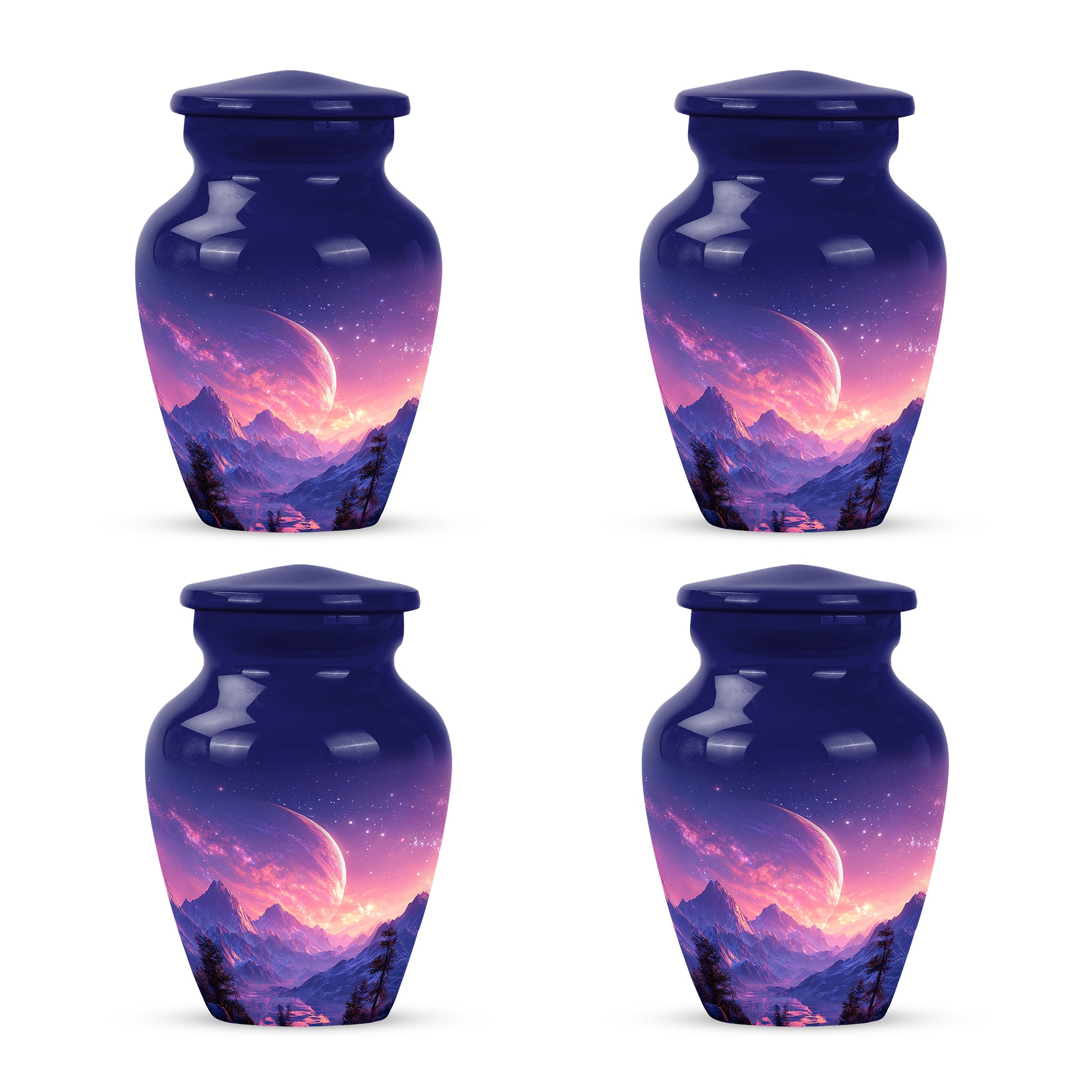 Sky Blue Galaxy Cremation Urn side profile showing urn shape - classic sculpted galaxy pattern on smooth aluminum - 10 inch aluminum urn for cremated remains