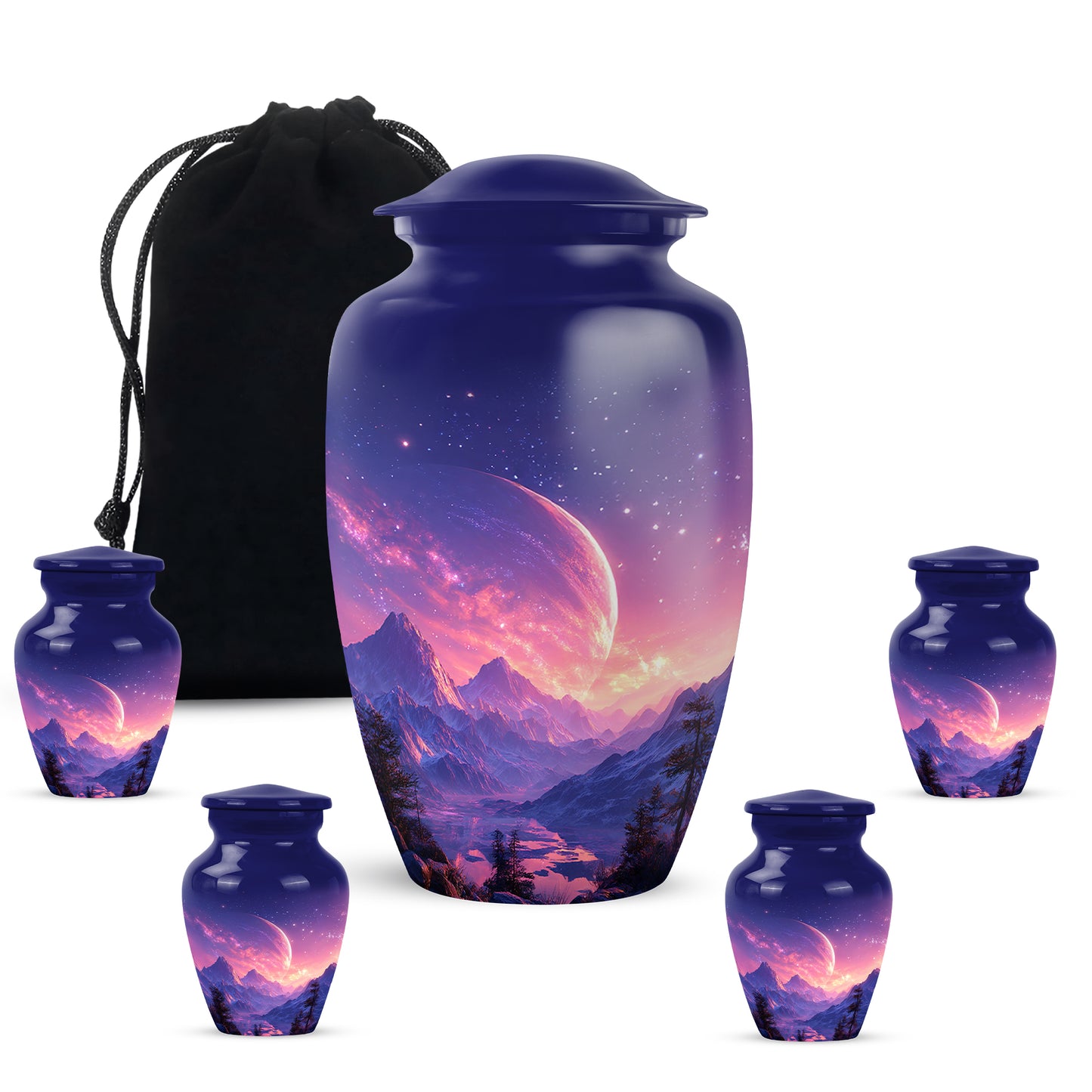 Dusty Blue Galaxy Cremation Urn top-down view of secure threaded lid - classic sculpted galaxy pattern on smooth aluminum - memorial set with one large and four small urns