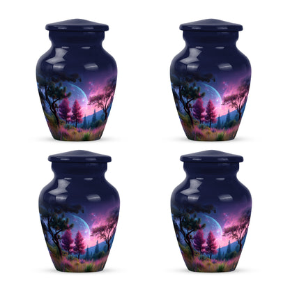 Navy Blue Galaxy Cremation Urn side profile showing urn shape - classic sculpted galaxy pattern on smooth aluminum - 10 inch aluminum urn for cremated remains