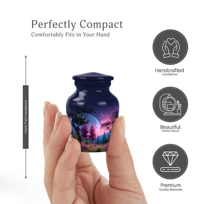 Indigo Galaxy Cremation Urn close-up of engraving and surface detail - timeless galaxy motif etched into premium metal - mini keepsake memorial for portion of cremation ashes