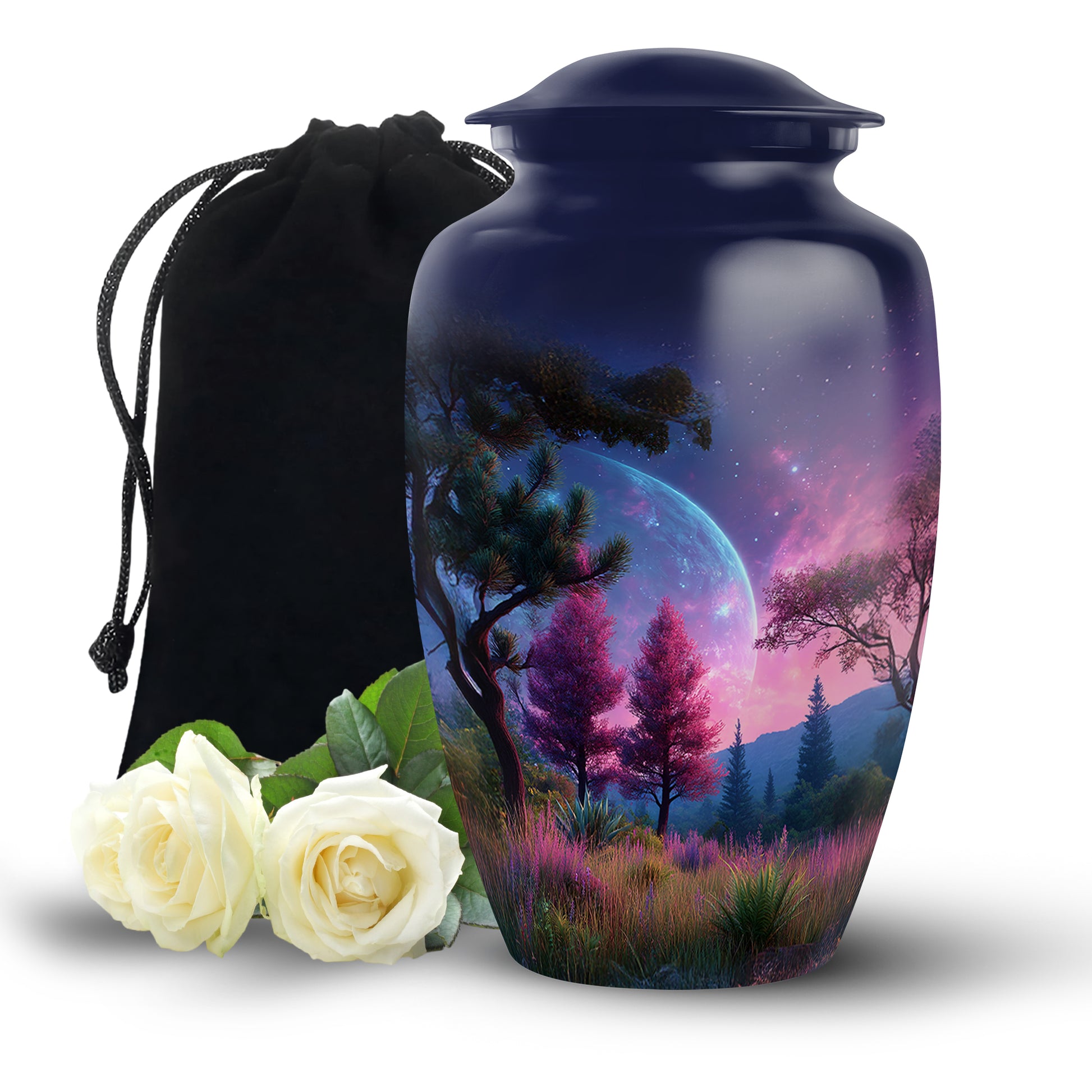Pastel Blue Galaxy Cremation Urn angled view of lid and engraved motif - timeless galaxy motif etched into premium metal - full-size 10 inch 200 cubic inch adult cremation urn