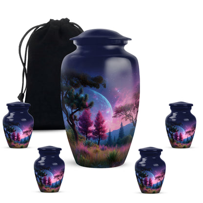 Cobalt Blue Galaxy Cremation Urn top-down view of secure threaded lid - traditional galaxy engraving with hand-polished finish - memorial set with one large and four small urns