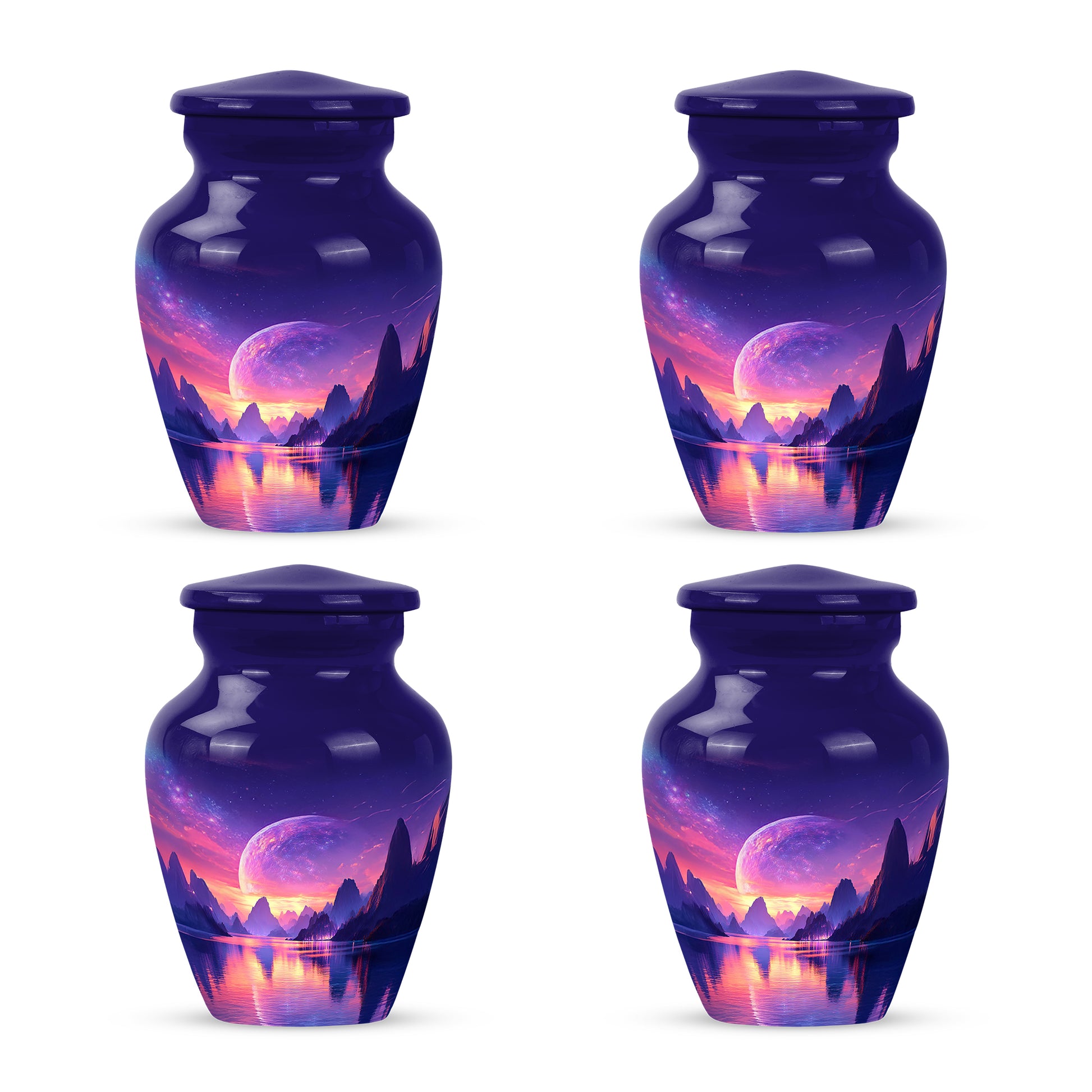 Navy Blue Galaxy Cremation Urn side profile showing urn shape - classic sculpted galaxy pattern on smooth aluminum - 10 inch aluminum urn for cremated remains