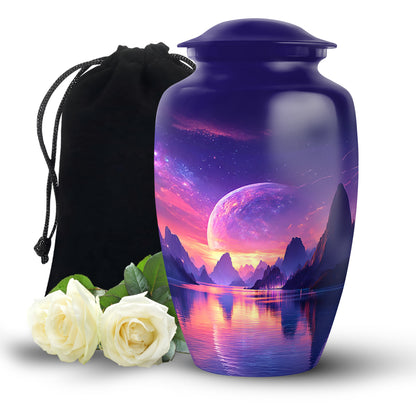 Steel Blue Galaxy Cremation Urn angled view of lid and engraved motif - traditional galaxy engraving with hand-polished finish - full-size 10 inch 200 cubic inch adult cremation urn