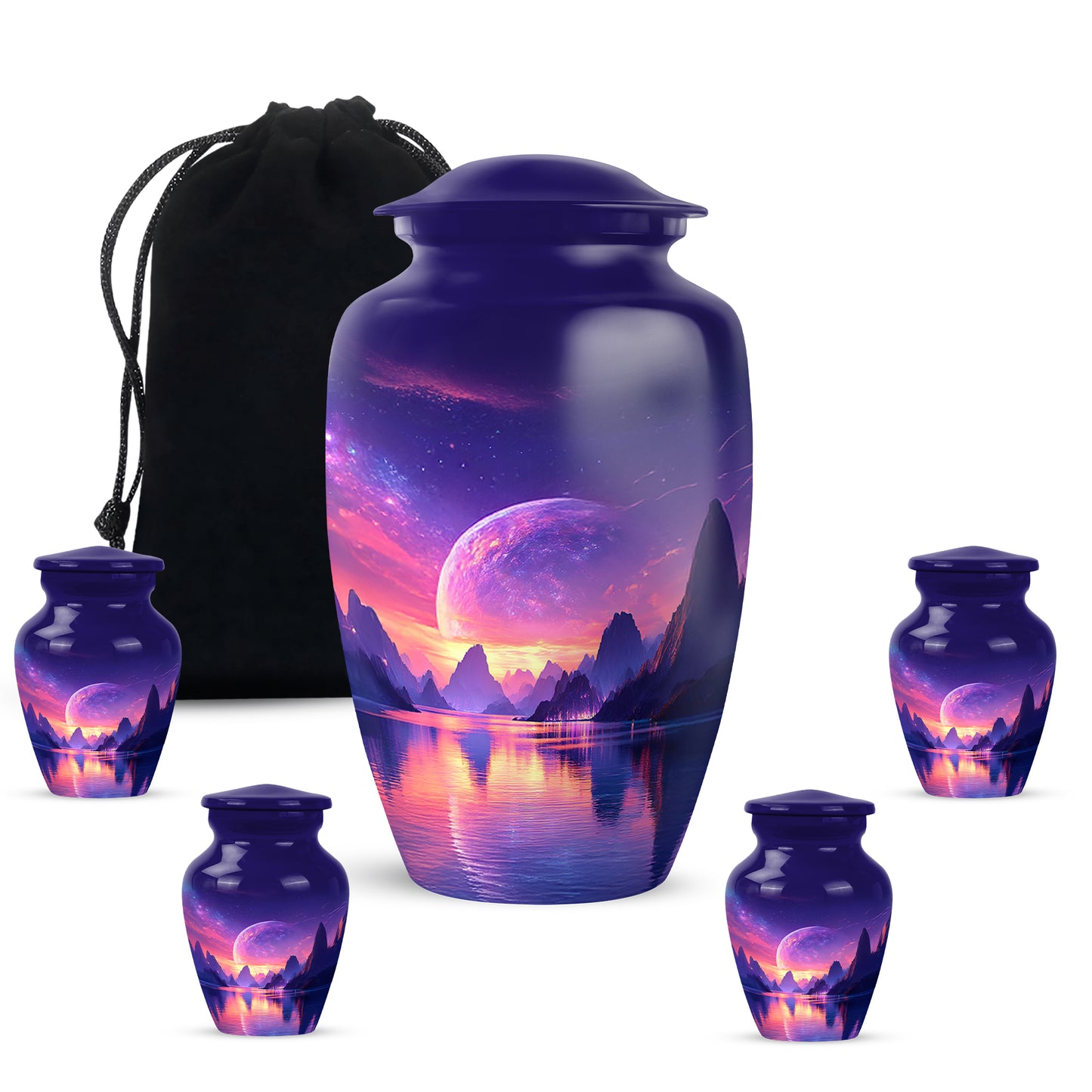 Dusty Blue Galaxy Cremation Urn top-down view of secure threaded lid - classic sculpted galaxy pattern on smooth aluminum - memorial set with one large and four small urns