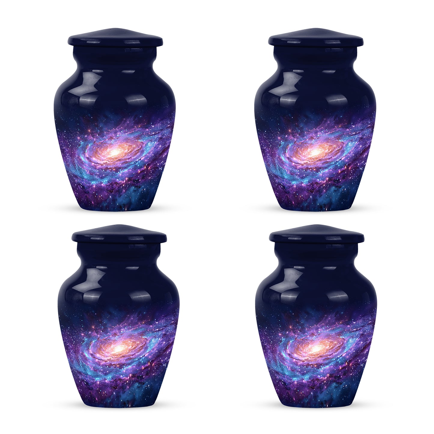 Bright Blue Galaxy Cremation Urn side profile showing urn shape - traditional galaxy engraving with hand-polished finish - 10 inch aluminum urn for cremated remains