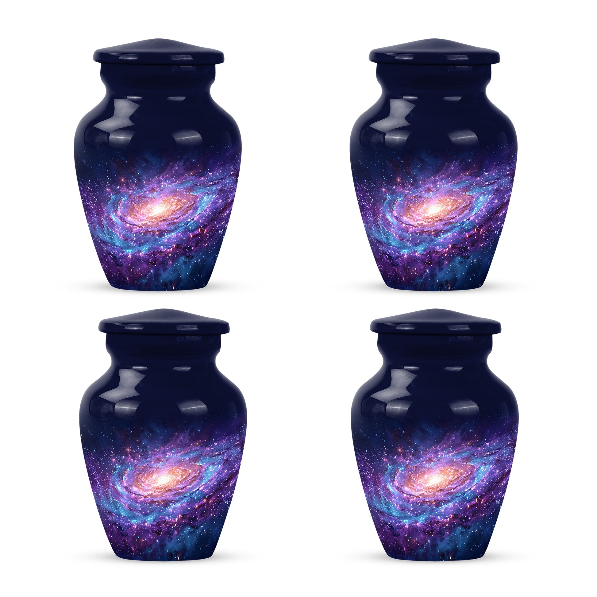 Bright Blue Galaxy Cremation Urn side profile showing urn shape - traditional galaxy engraving with hand-polished finish - 10 inch aluminum urn for cremated remains