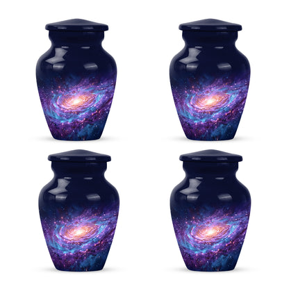 Bright Blue Galaxy Cremation Urn side profile showing urn shape - traditional galaxy engraving with hand-polished finish - 10 inch aluminum urn for cremated remains