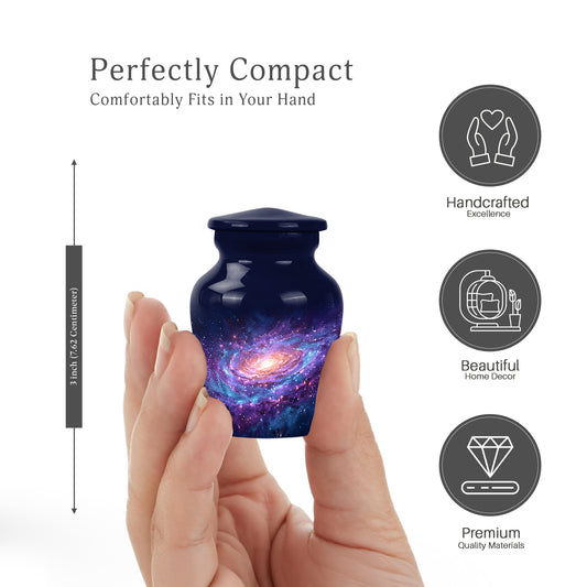 Cobalt Blue Galaxy Cremation Urn close-up of engraving and surface detail - traditional galaxy engraving with hand-polished finish - mini keepsake memorial for portion of cremation ashes