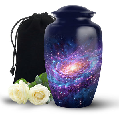 Dusty Blue Galaxy Cremation Urn angled view of lid and engraved motif - classic sculpted galaxy pattern on smooth aluminum - full-size 10 inch 200 cubic inch adult cremation urn
