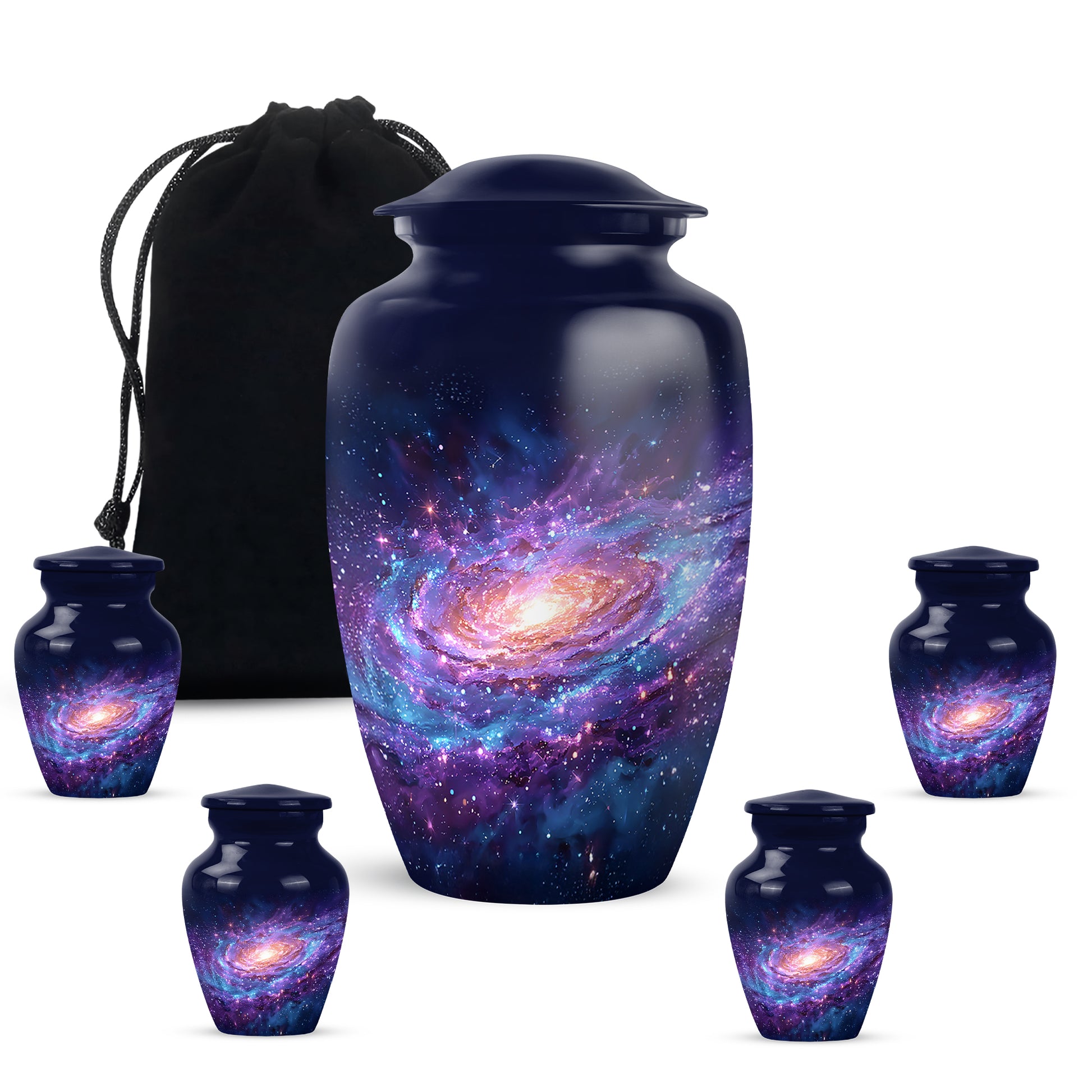 Calming Blue Galaxy Cremation Urn top-down view of secure threaded lid - elegant classic galaxy relief with fine detailing - memorial set with one large and four small urns