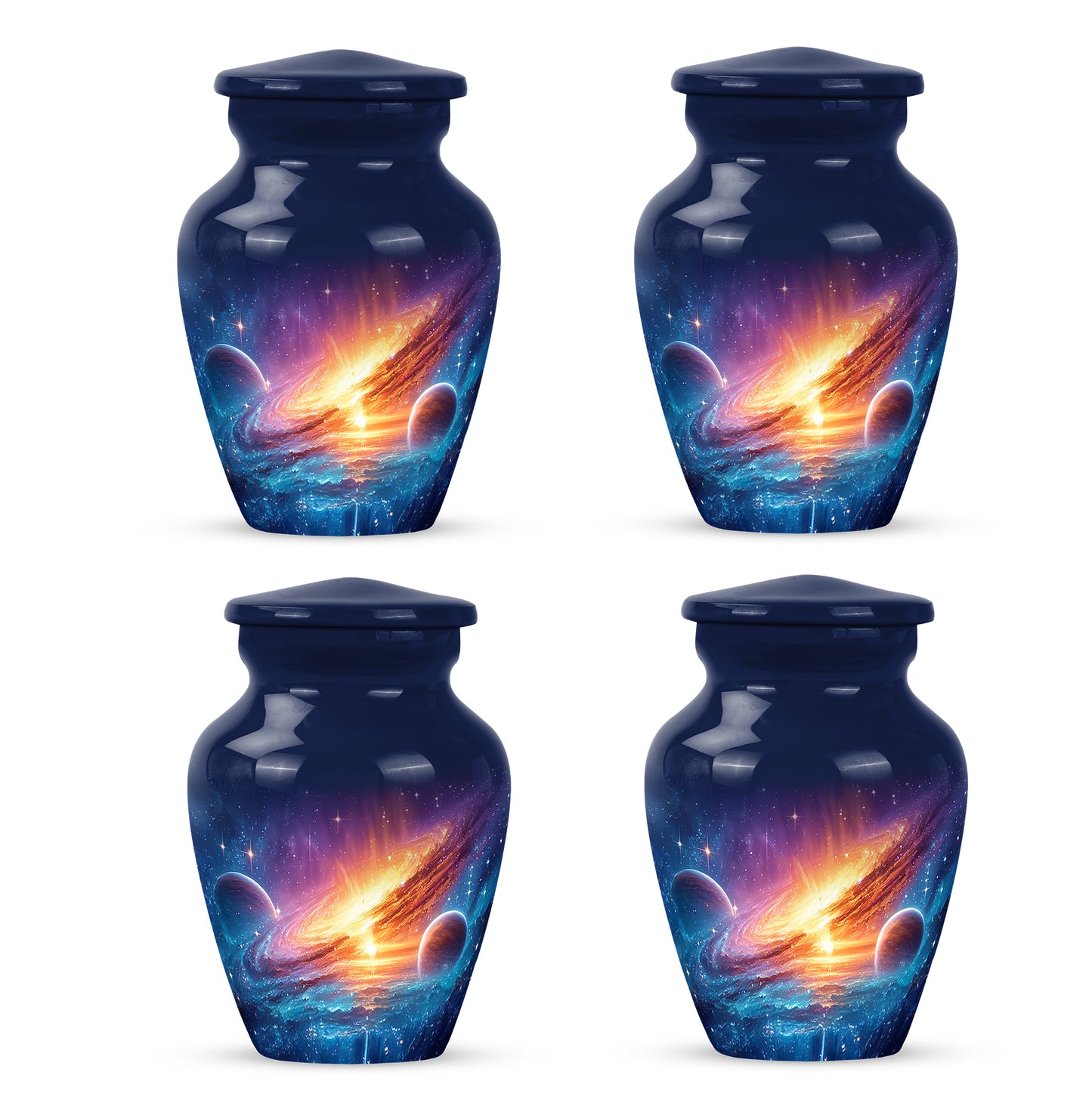 Steel Blue Galaxy Cremation Urn side profile showing urn shape - elegant classic galaxy relief with fine detailing - 10 inch aluminum urn for cremated remains