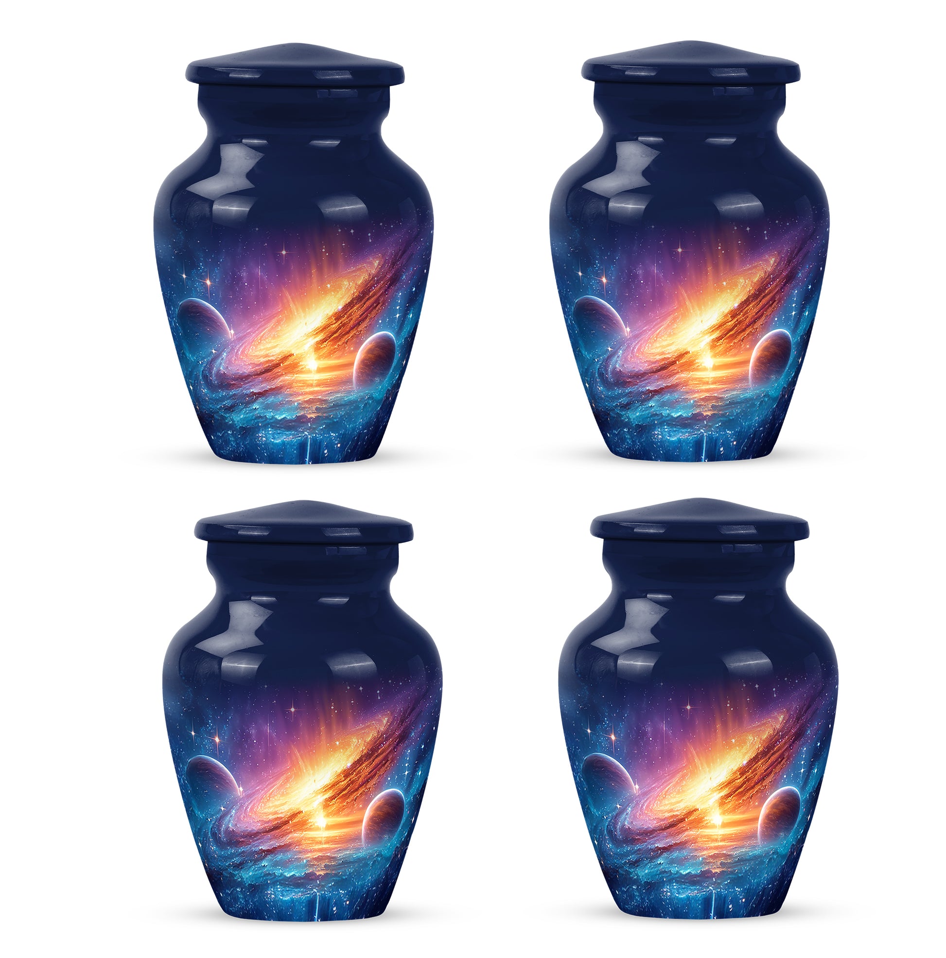 Steel Blue Galaxy Cremation Urn side profile showing urn shape - elegant classic galaxy relief with fine detailing - 10 inch aluminum urn for cremated remains