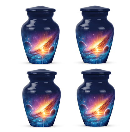 Steel Blue Galaxy Cremation Urn side profile showing urn shape - elegant classic galaxy relief with fine detailing - 10 inch aluminum urn for cremated remains