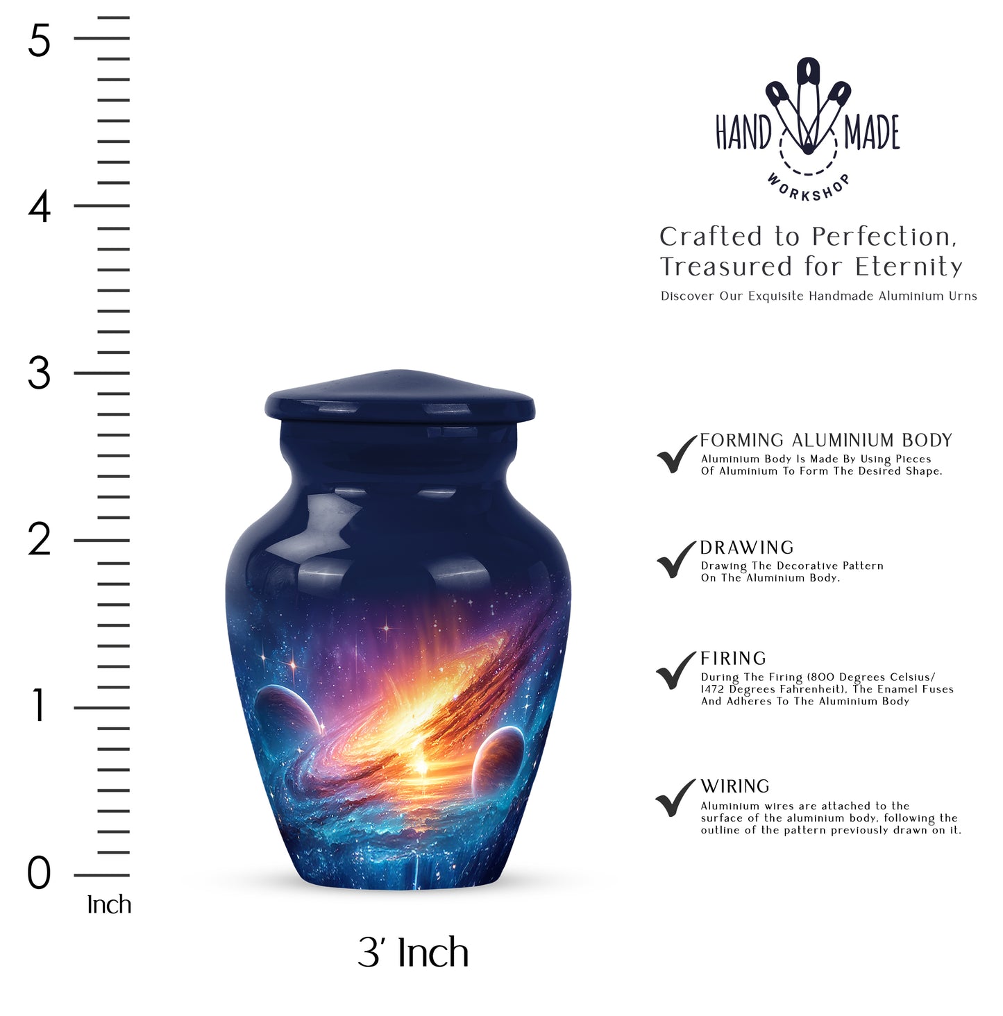 Icy Blue Galaxy Cremation Urn close-up of engraving and surface detail - classic sculpted galaxy pattern on smooth aluminum - mini keepsake memorial for portion of cremation ashes