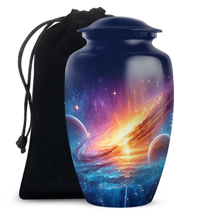Misty Blue Galaxy Cremation Urn angled view of lid and engraved motif - classic sculpted galaxy pattern on smooth aluminum - full-size 10 inch 200 cubic inch adult cremation urn