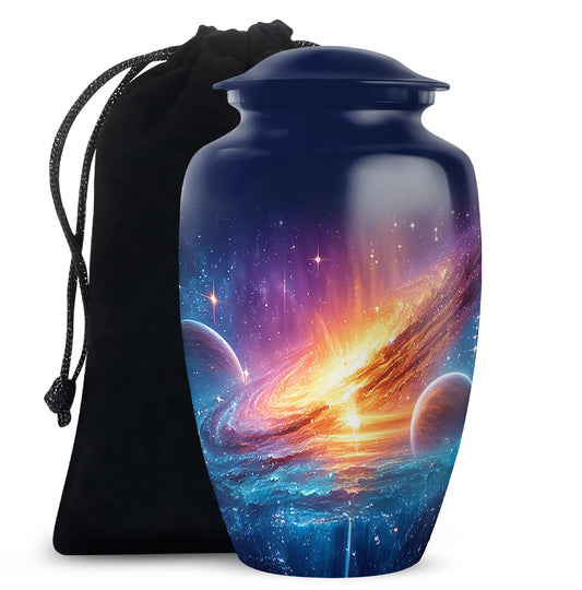 Misty Blue Galaxy Cremation Urn angled view of lid and engraved motif - classic sculpted galaxy pattern on smooth aluminum - full-size 10 inch 200 cubic inch adult cremation urn