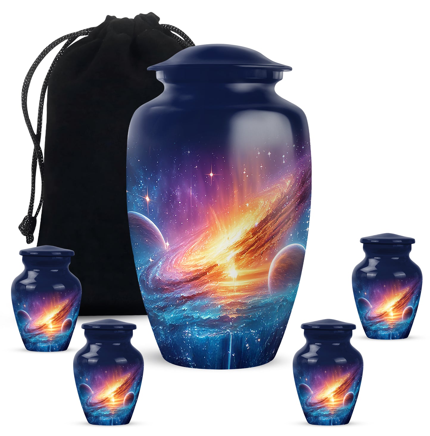 Misty Blue Galaxy Cremation Urn top-down view of secure threaded lid - timeless galaxy motif etched into premium metal - memorial set with one large and four small urns