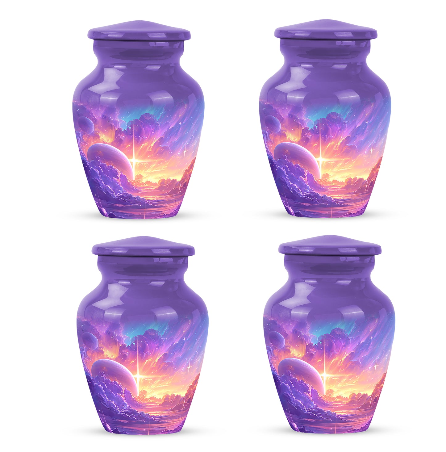Royal Purple Galaxy Cremation Urn side profile showing urn shape - elegant classic galaxy relief with fine detailing - 10 inch aluminum urn for cremated remains