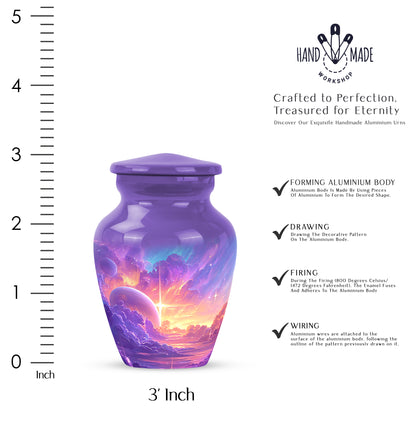 Twilight Purple Galaxy Cremation Urn close-up of engraving and surface detail - elegant classic galaxy relief with fine detailing - mini keepsake memorial for portion of cremation ashes