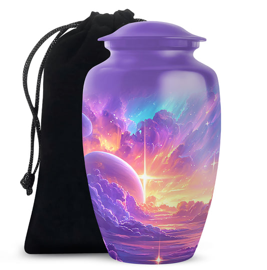 Majestic Purple Galaxy Cremation Urn angled view of lid and engraved motif - classic sculpted galaxy pattern on smooth aluminum - full-size 10 inch 200 cubic inch adult cremation urn
