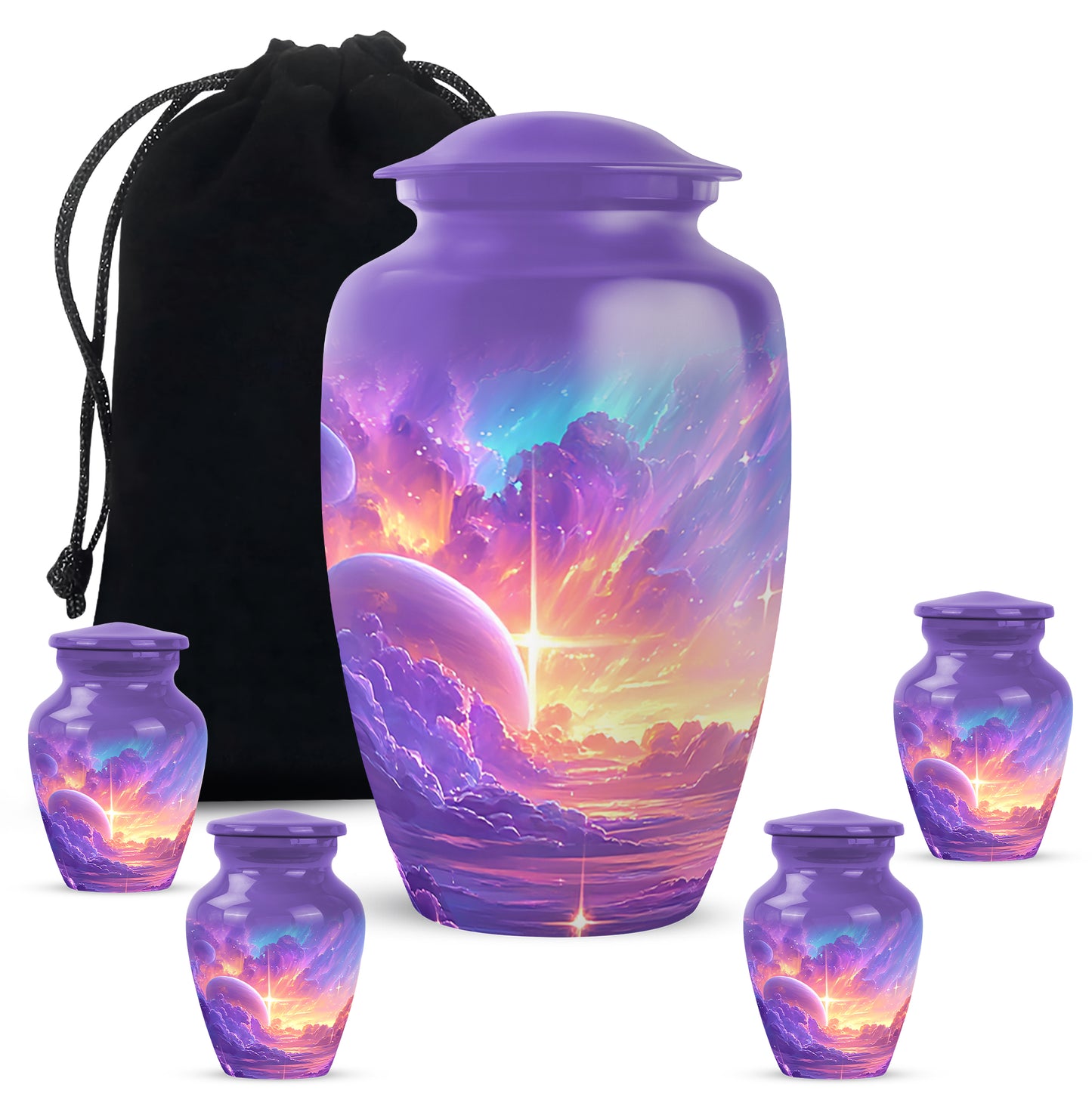 Orchid Purple Galaxy Cremation Urn top-down view of secure threaded lid - classic sculpted galaxy pattern on smooth aluminum - memorial set with one large and four small urns