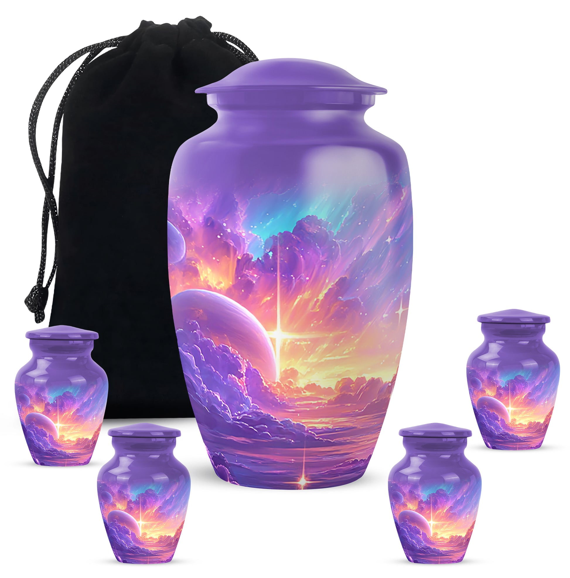 Orchid Purple Galaxy Cremation Urn top-down view of secure threaded lid - classic sculpted galaxy pattern on smooth aluminum - memorial set with one large and four small urns
