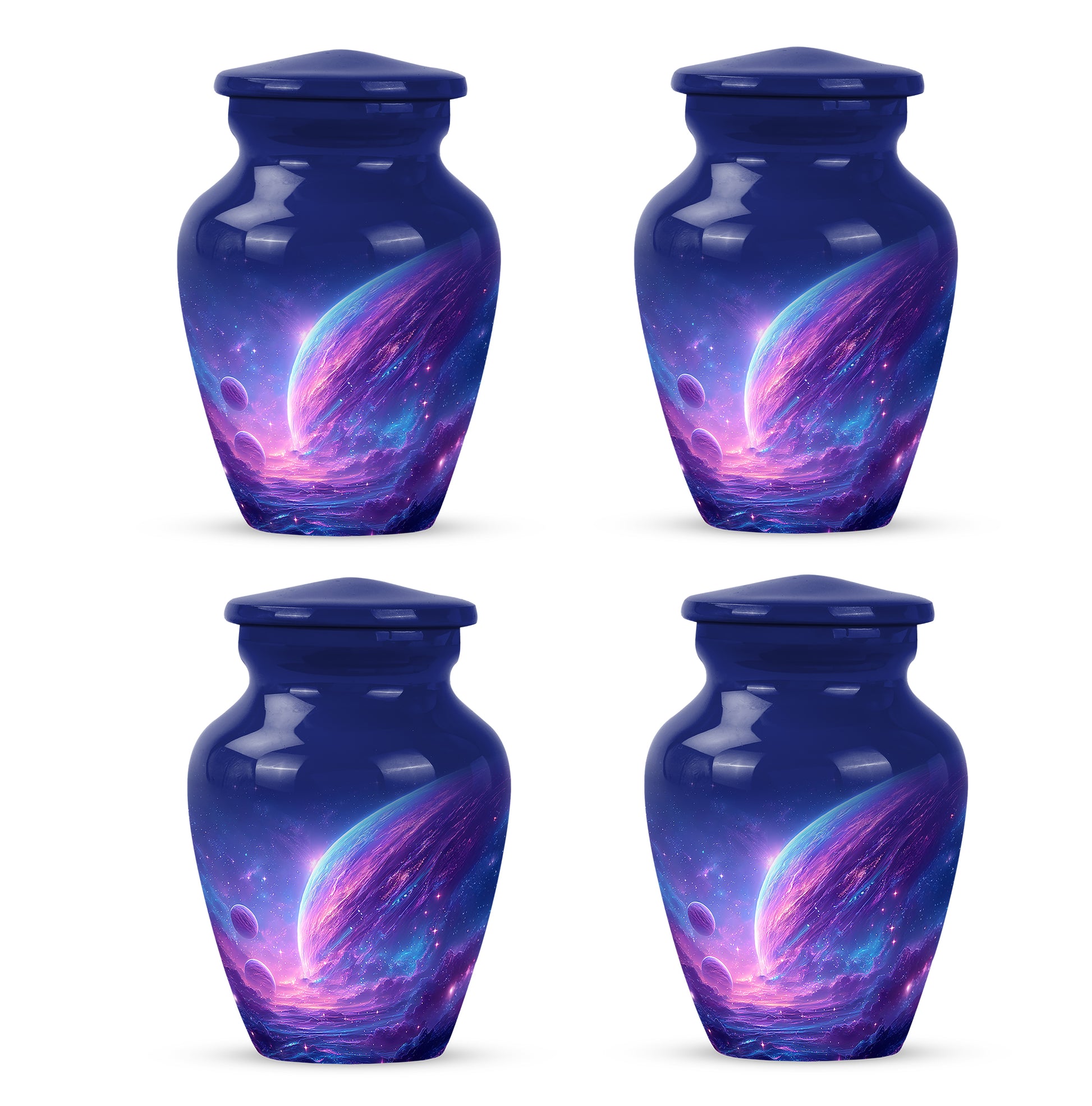 Misty Blue Galaxy Cremation Urn side profile showing urn shape - classic sculpted galaxy pattern on smooth aluminum - 10 inch aluminum urn for cremated remains
