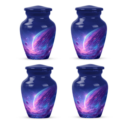 Misty Blue Galaxy Cremation Urn side profile showing urn shape - classic sculpted galaxy pattern on smooth aluminum - 10 inch aluminum urn for cremated remains