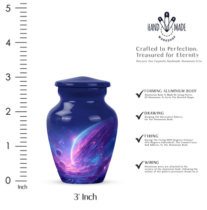 Soft Blue Galaxy Cremation Urn close-up of engraving and surface detail - elegant classic galaxy relief with fine detailing - mini keepsake memorial for portion of cremation ashes