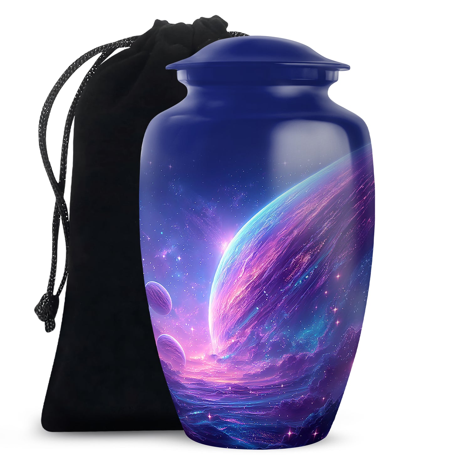 Bright Blue Galaxy Cremation Urn angled view of lid and engraved motif - elegant classic galaxy relief with fine detailing - full-size 10 inch 200 cubic inch adult cremation urn
