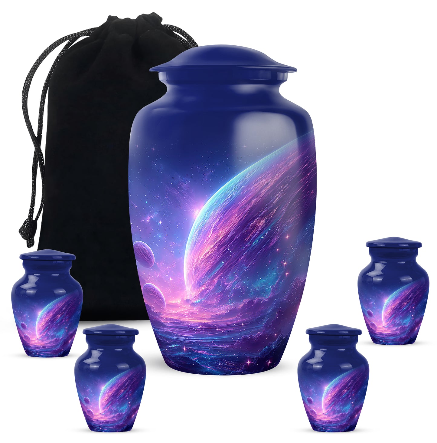 Indigo Galaxy Cremation Urn top-down view of secure threaded lid - classic sculpted galaxy pattern on smooth aluminum - memorial set with one large and four small urns